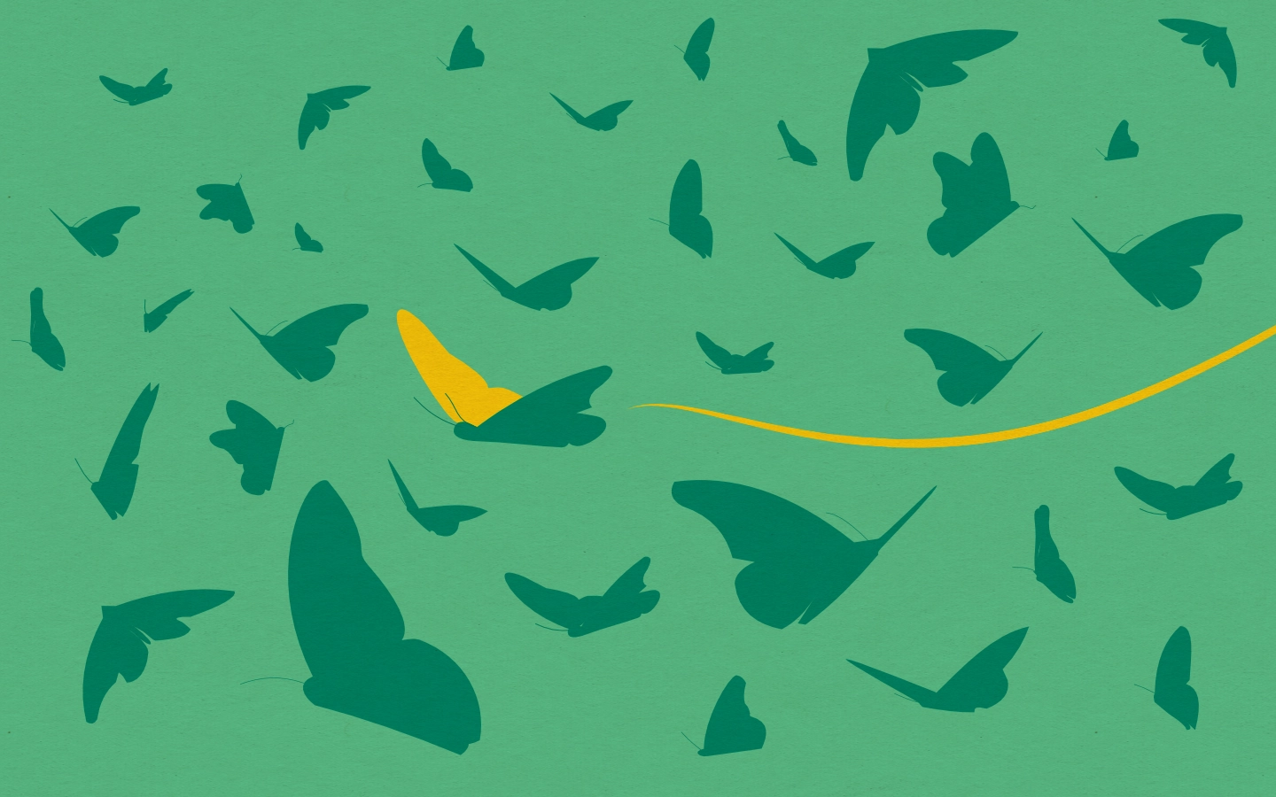 A butterfly sticking out of a crowd with a visible flight path