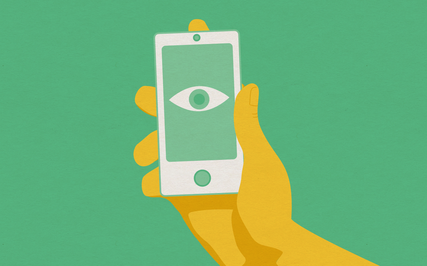 A hand holding a mobile phone from which an eye is staring at you